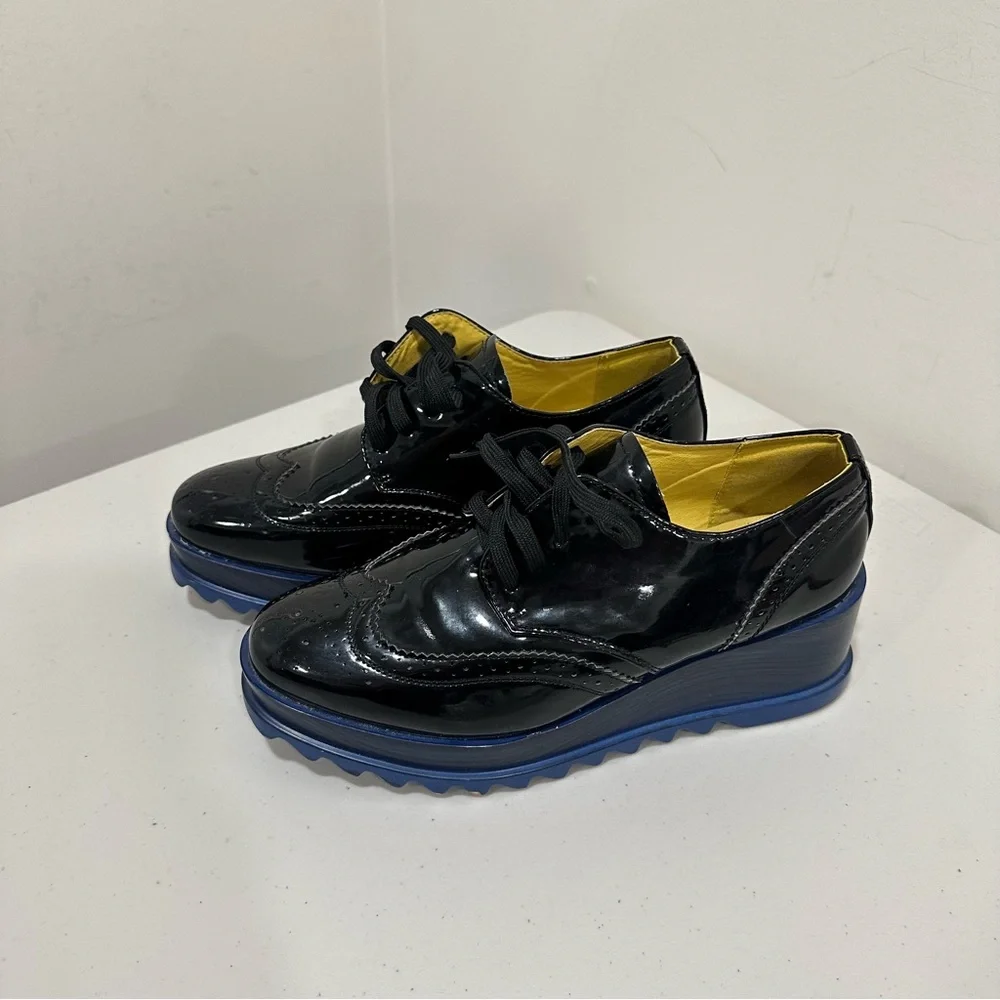 Via Pinky Black Patent Leather Platform Brogues Blue Sawtooth Sole size‎ 9,5